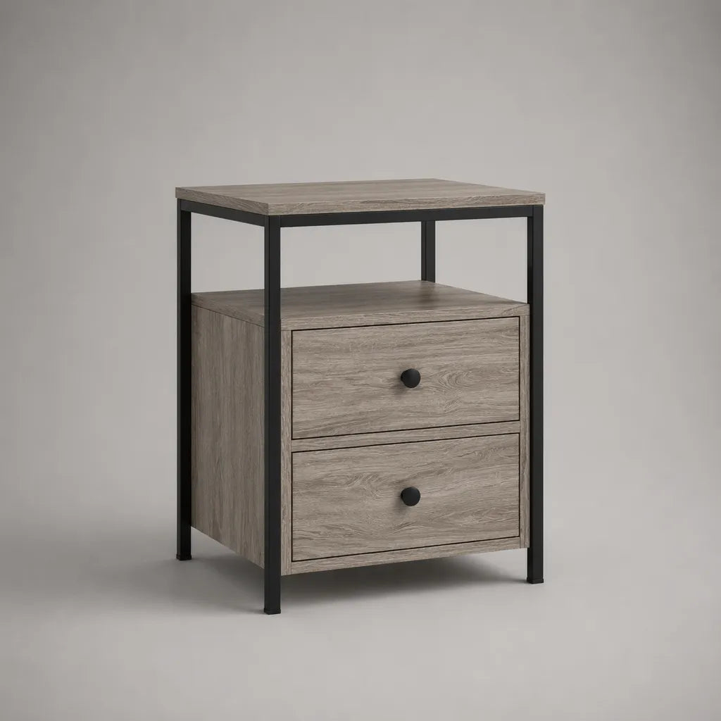 Table de chevet rectangulaire en bois et acier avec 2 tiroirs et niche ouverte, effet chêne gris et noir, 45 × 40 × 60 cm