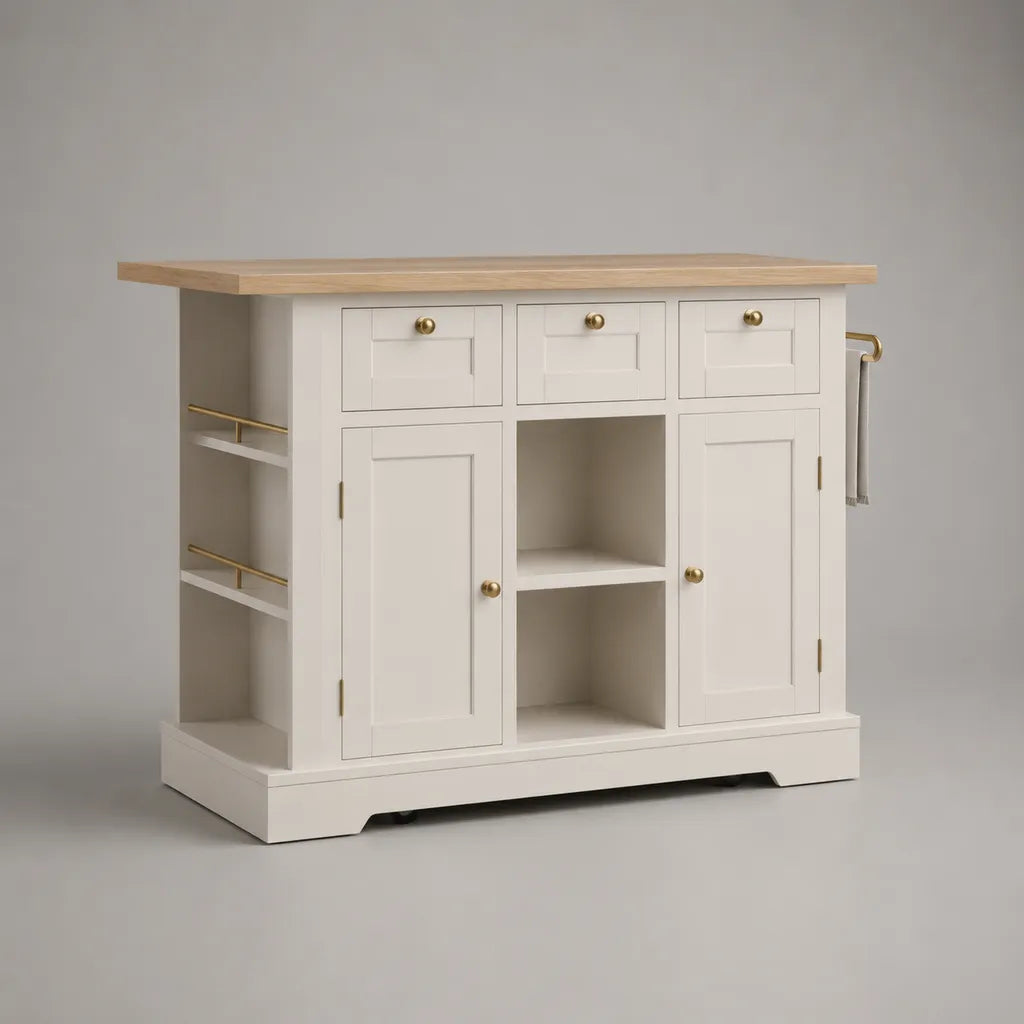 Îlot de cuisine rectangulaire en bois et MDF blanc et naturel avec rangements, 120 × 45 × 90 cm
