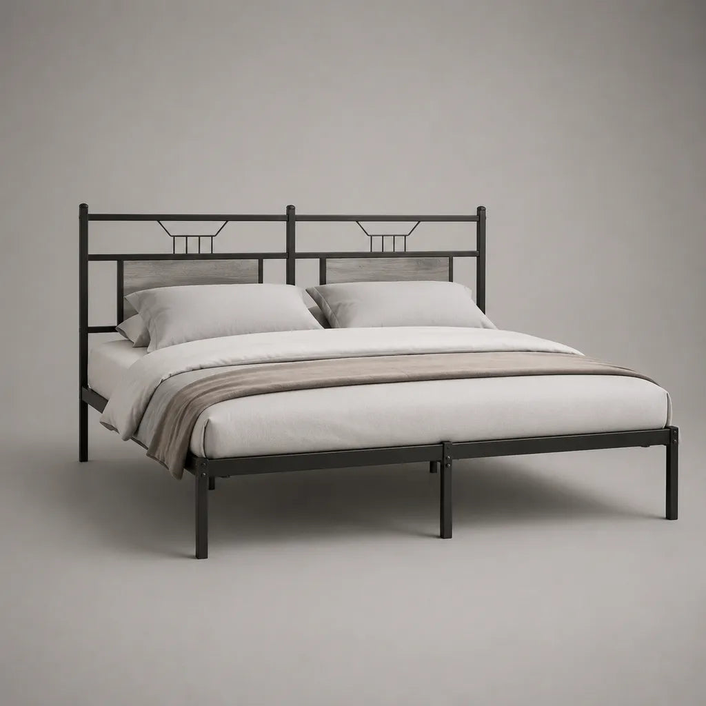 Cadre de lit double 140 × 190 cm en acier et MDF avec tête de lit rectangulaire, noir et gris