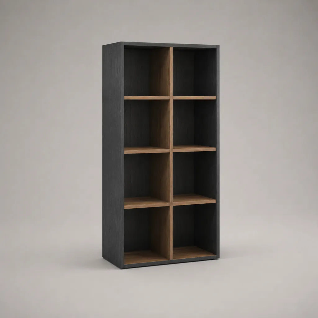 Bibliothèque étagère sur pied en bois à 8 compartiments, noir et noyer, 80 × 30 × 160 cm