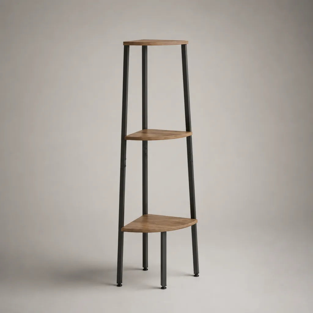 Étagère d’angle sur pied à 3 niveaux en panneaux de particules et acier, brun et noir, 40 × 40 × 150 cm