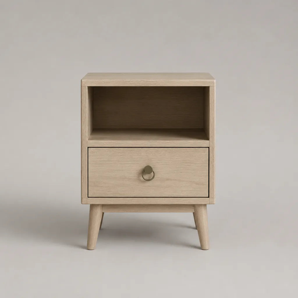 Table de chevet rectangulaire en bois, chêne clair, avec tiroir et niche, 40 × 35 × 58 cm