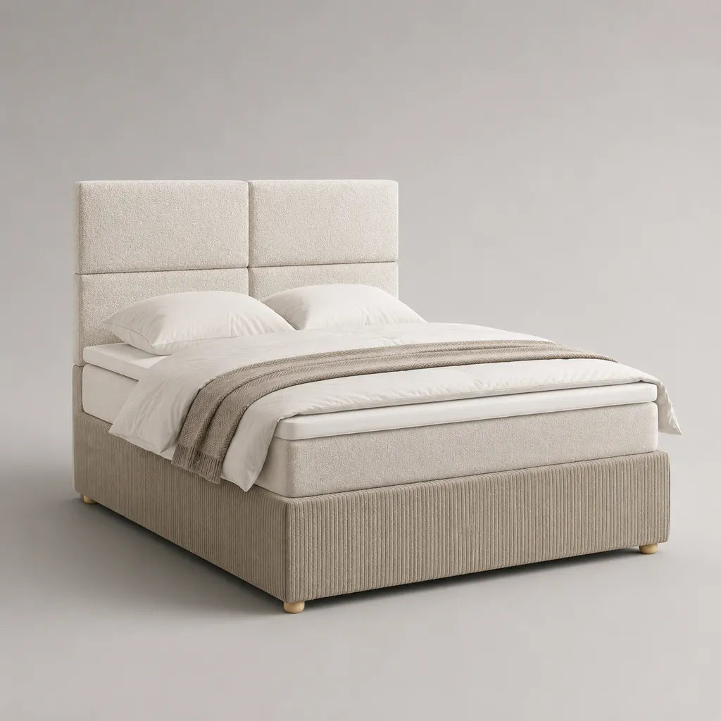 Ensemble lit double rembourré en polyester beige et écru avec matelas 160 x 200 cm, dimensions 174 x 216 x 136 cm