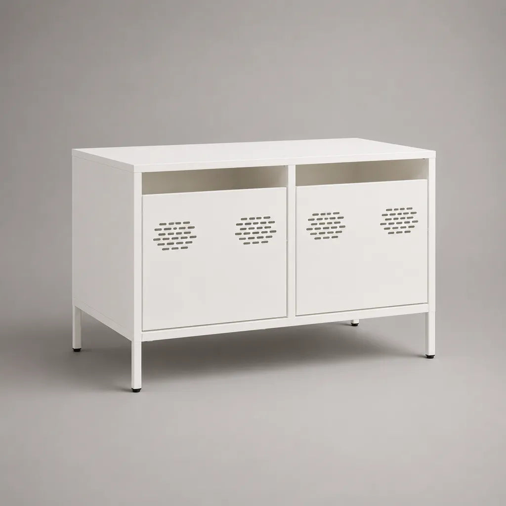 Meuble TV en acier blanc, 2 portes ventilées et 2 niches, 100 × 40 × 70 cm