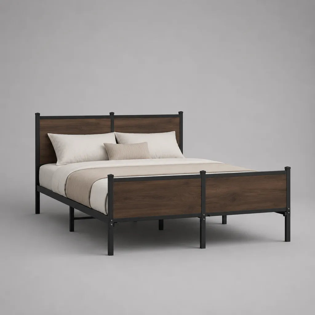 Cadre de lit double 160 × 200 cm en acier noir et MDF décor chêne brun