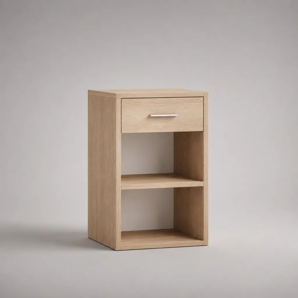 Table de chevet rectangulaire en bois avec 1 tiroir et 2 niches, chêne clair, 40 × 35 × 60 cm