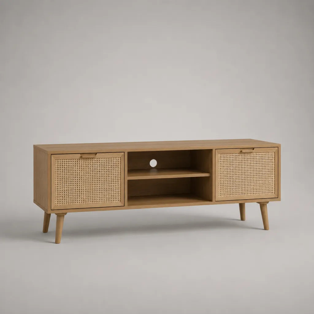 Meuble TV rectangulaire en MDF plaqué chêne avec 2 portes en cannage de rotin, 140 × 40 × 60 cm, brun clair et beige naturel