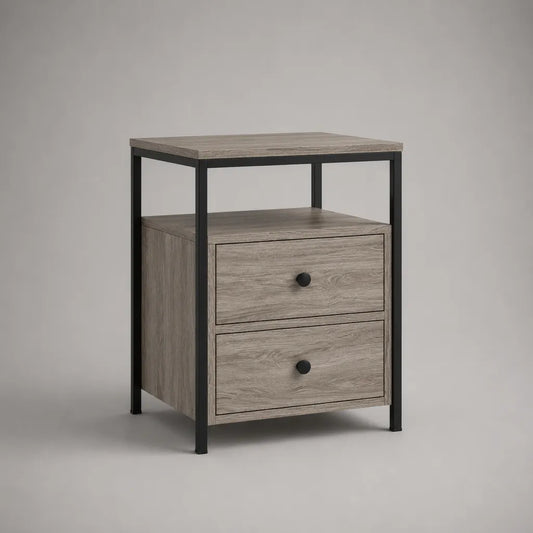 Table de chevet rectangulaire en bois et acier avec 2 tiroirs et niche ouverte, effet chêne gris et noir, 45 × 40 × 60 cm