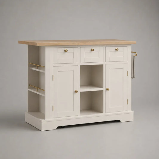 Îlot de cuisine rectangulaire en bois et MDF blanc et naturel avec rangements, 120 × 45 × 90 cm