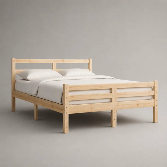 Lit double en bois avec sommier à lattes, bois naturel, couchage 160 × 200 cm, dimensions 208 × 168 × 102 cm