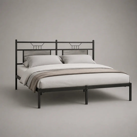 Cadre de lit double 140 × 190 cm en acier et MDF avec tête de lit rectangulaire, noir et gris
