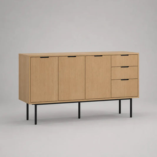 Buffet de rangement 3 portes et 3 tiroirs en MDF plaqué chêne et acier noir, 160 × 40 × 80 cm