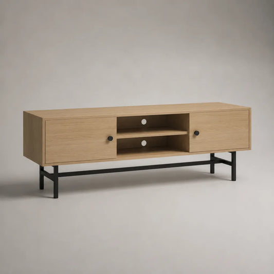 Meuble TV rectangulaire en panneaux de particules mélaminés et acier, 2 portes et 2 niches, chêne naturel et noir, 140 × 40 × 55 cm