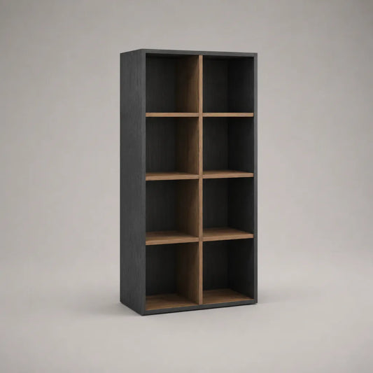 Bibliothèque étagère sur pied en bois à 8 compartiments, noir et noyer, 80 × 30 × 160 cm