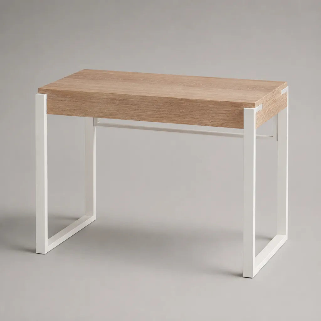 Table console rectangulaire en panneau de particules effet chêne naturel et acier blanc, 90 × 35 × 78 cm