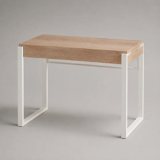 Table console rectangulaire en panneau de particules effet chêne naturel et acier blanc, 90 × 35 × 78 cm