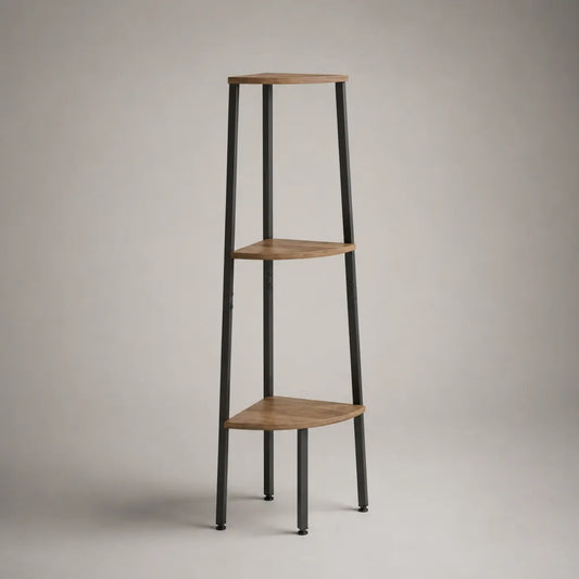 Étagère d’angle sur pied à 3 niveaux en panneaux de particules et acier, brun et noir, 40 × 40 × 150 cm