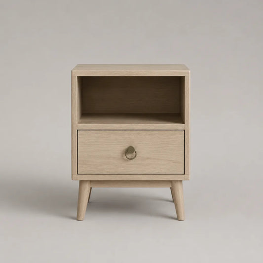 Table de chevet rectangulaire en bois, chêne clair, avec tiroir et niche, 40 × 35 × 58 cm
