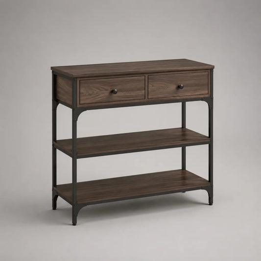 Console d’entrée rectangulaire à 2 tiroirs et 2 étagères en panneaux de particules mélaminés et acier, brun noyer/noir, 100 × 35 × 90 cm