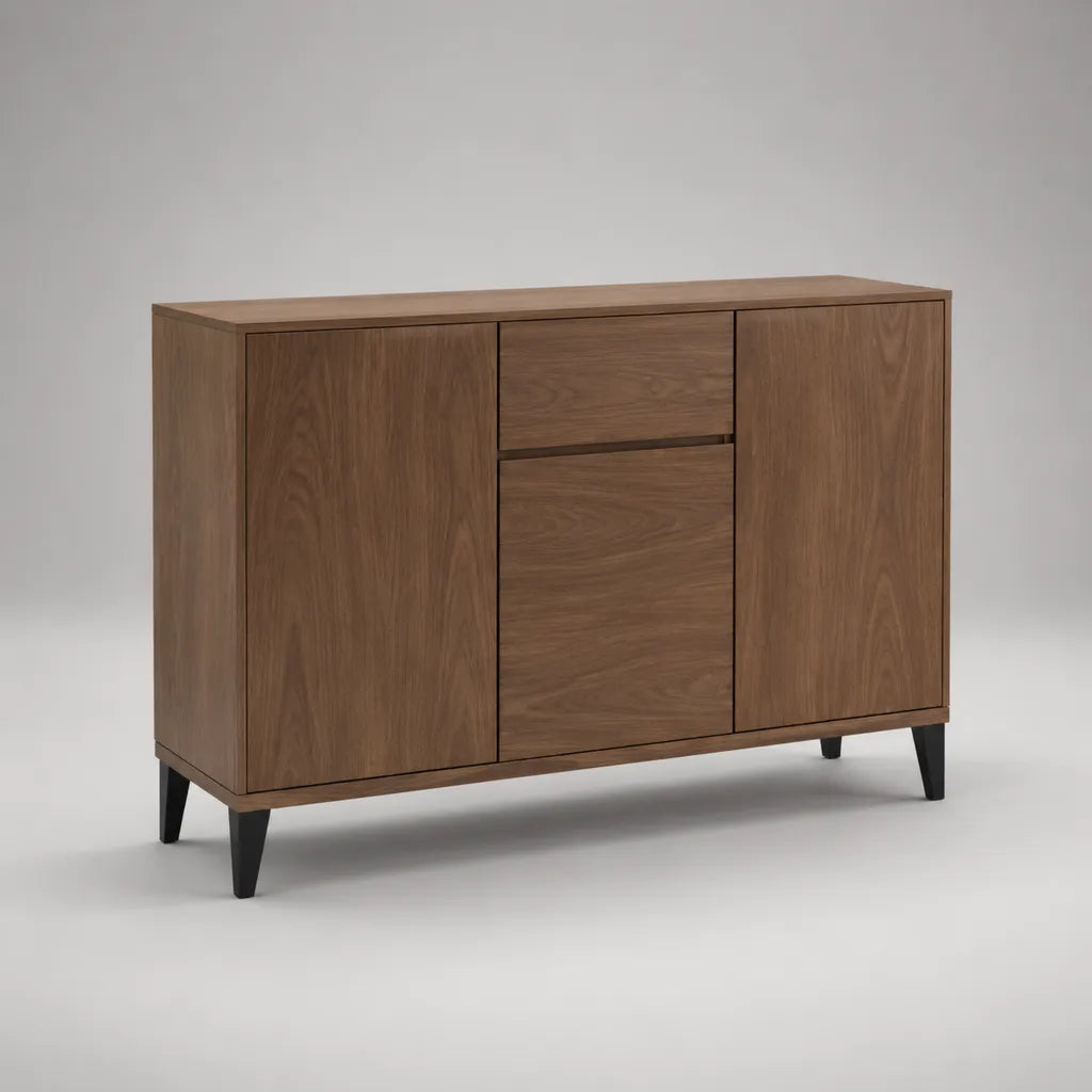 Buffet de rangement rectangulaire en MDF plaqué et acier, 3 portes et 1 tiroir, noyer et noir, 120 × 40 × 85 cm