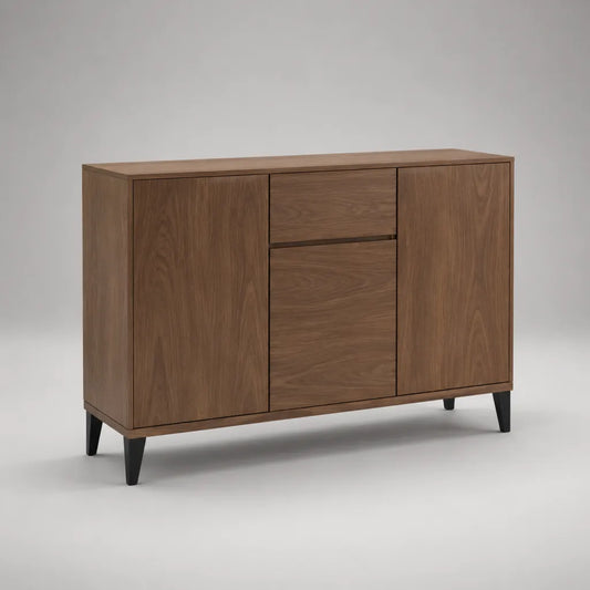Buffet de rangement rectangulaire en MDF plaqué et acier, 3 portes et 1 tiroir, noyer et noir, 120 × 40 × 85 cm