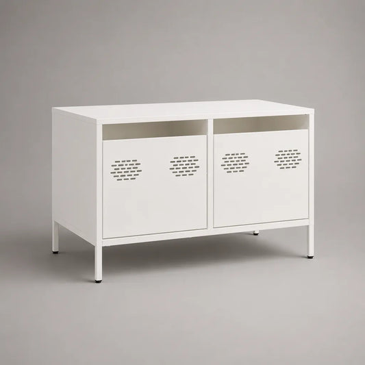 Meuble TV en acier blanc, 2 portes ventilées et 2 niches, 100 × 40 × 70 cm