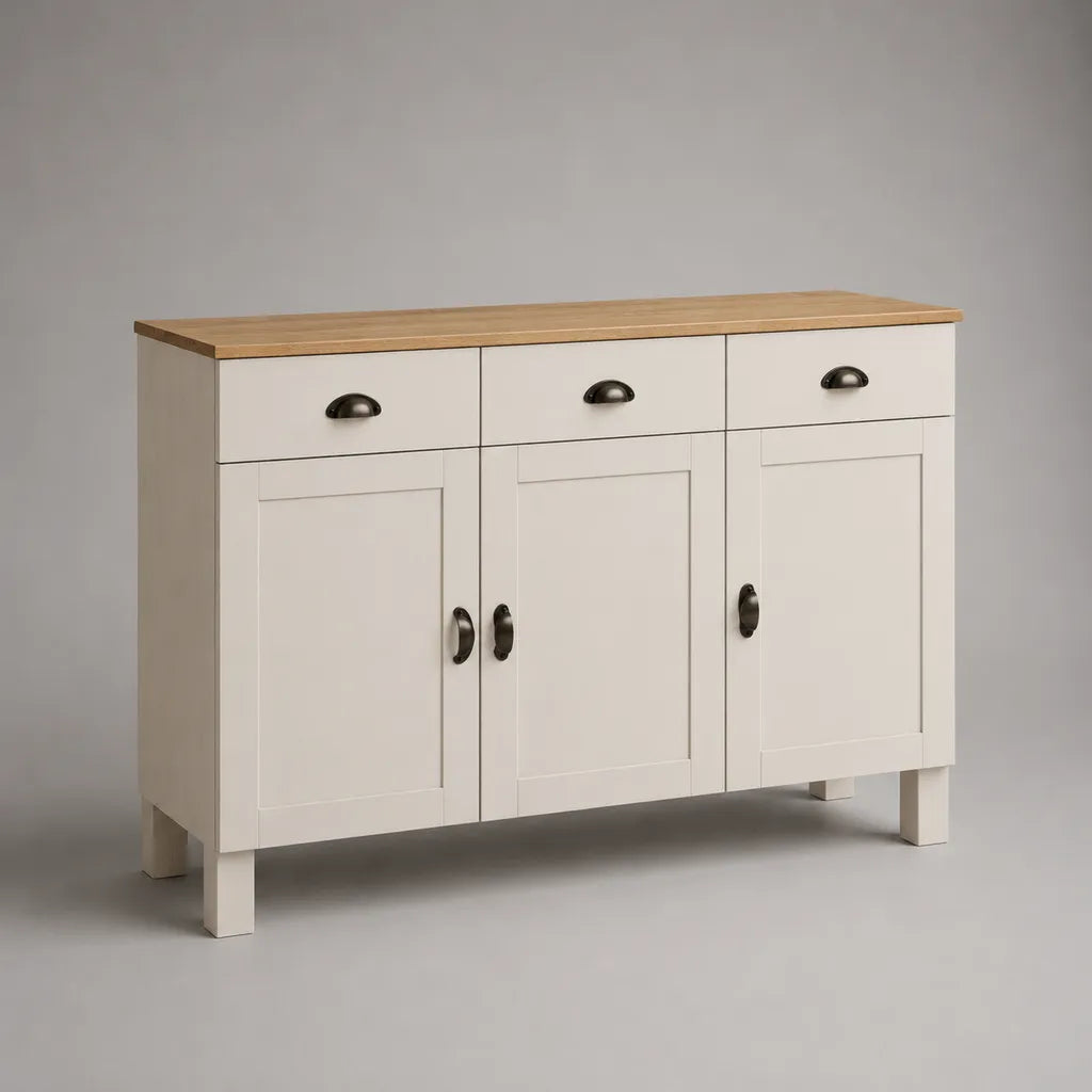 Buffet de rangement rectangulaire 3 portes et 3 tiroirs en MDF et panneaux mélaminés, blanc cassé et chêne clair, 120 × 40 × 80 cm