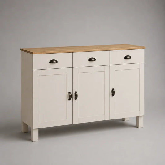 Buffet de rangement rectangulaire 3 portes et 3 tiroirs en MDF et panneaux mélaminés, blanc cassé et chêne clair, 120 × 40 × 80 cm
