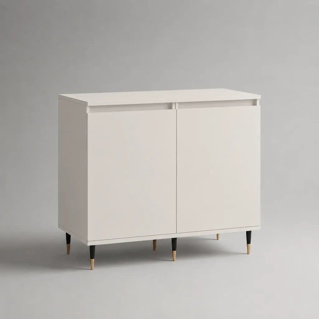 Buffet de rangement rectangulaire en bois à 2 portes, blanc avec pieds noirs et dorés, 100 × 40 × 90 cm