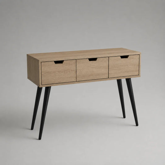 Table console rectangulaire à 3 tiroirs en bois et acier, chêne clair et noir, 100 × 35 × 80 cm