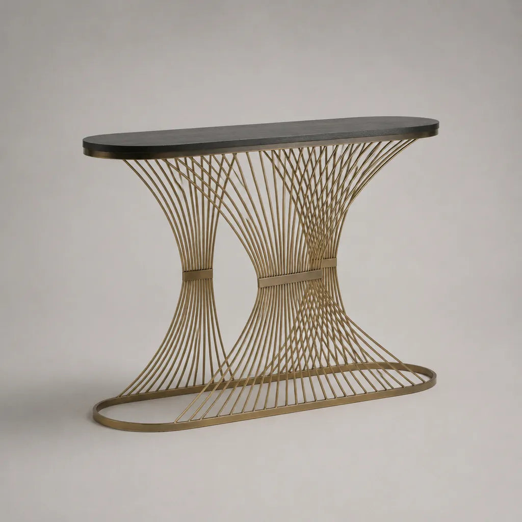 Table console en MDF effet pierre noire et métal doré, forme oblongue, 120 × 35 × 80 cm