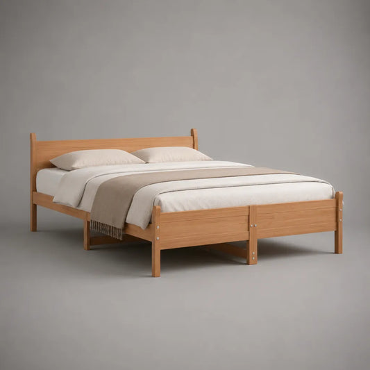 Lit double 140 x 190 cm en pin massif, bois naturel, dimensions 198 x 148 x 90 cm
