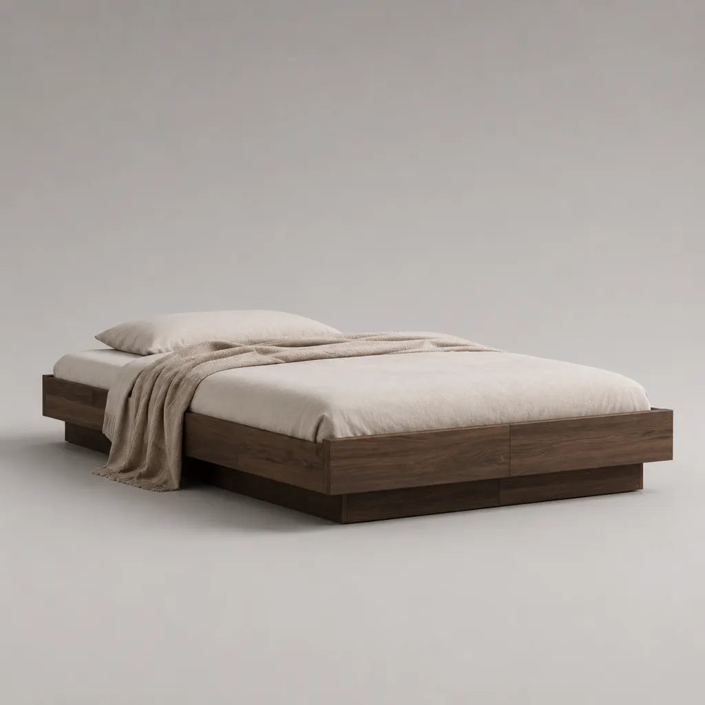 Cadre de lit plateforme 2 places 160 × 200 cm en panneaux de particules marron foncé décor noyer, sans tête de lit