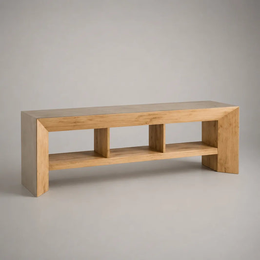 Meuble TV bas en MDF plaqué chêne naturel avec 3 niches ouvertes, 160 × 40 × 50 cm