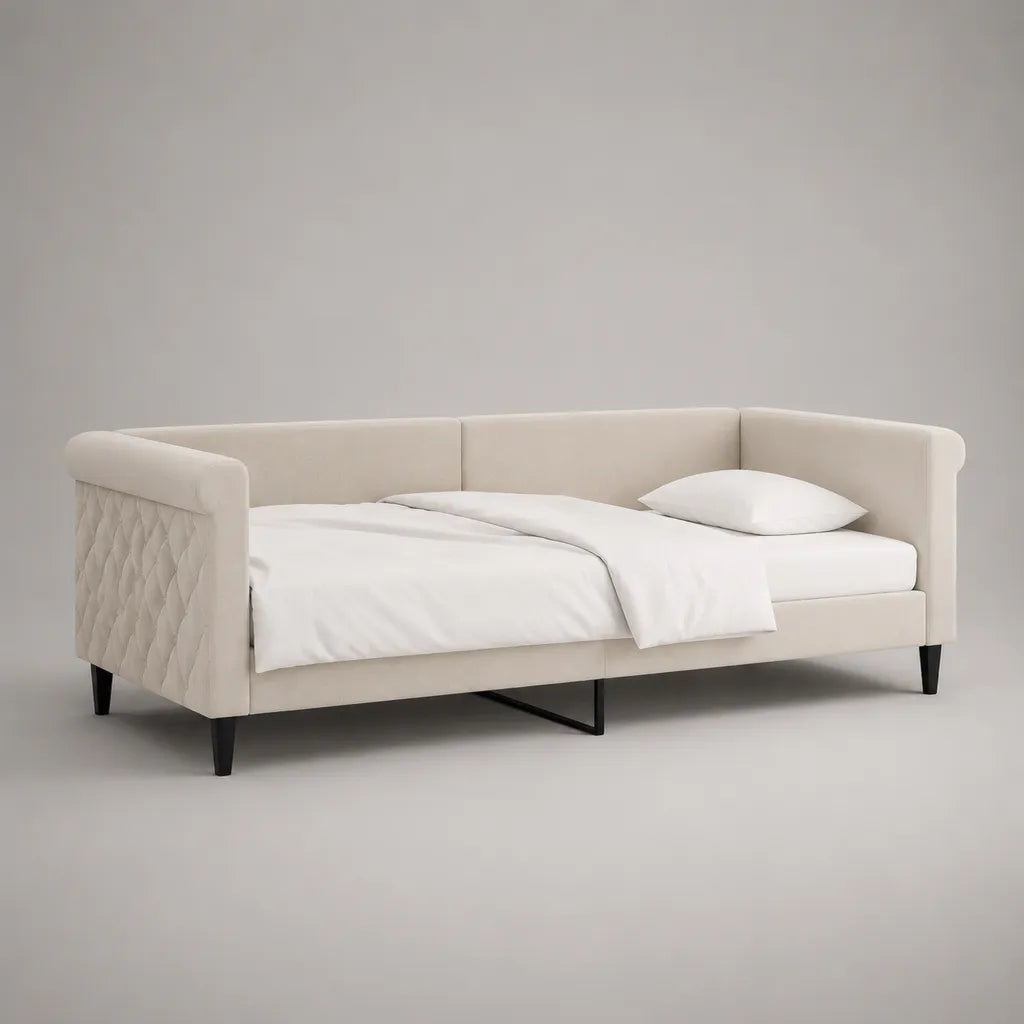 Lit banquette rembourré beige et noir 215 x 105 x 82 cm, couchage 90 x 200 cm, sommier à lattes, côtés capitonnés et pieds en bois