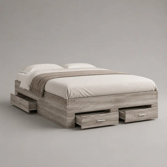 Cadre de lit double en bois avec 3 tiroirs de rangement, chêne gris, couchage 160 × 200 cm