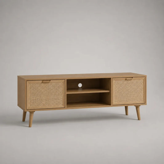 Meuble TV rectangulaire en MDF plaqué chêne avec 2 portes en cannage de rotin, 140 × 40 × 60 cm, brun clair et beige naturel