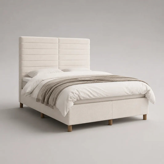 Lit double rembourré 160 x 200 cm en tissu bouclé blanc cassé avec tête de lit à panneaux horizontaux, 170 x 215 x 140 cm