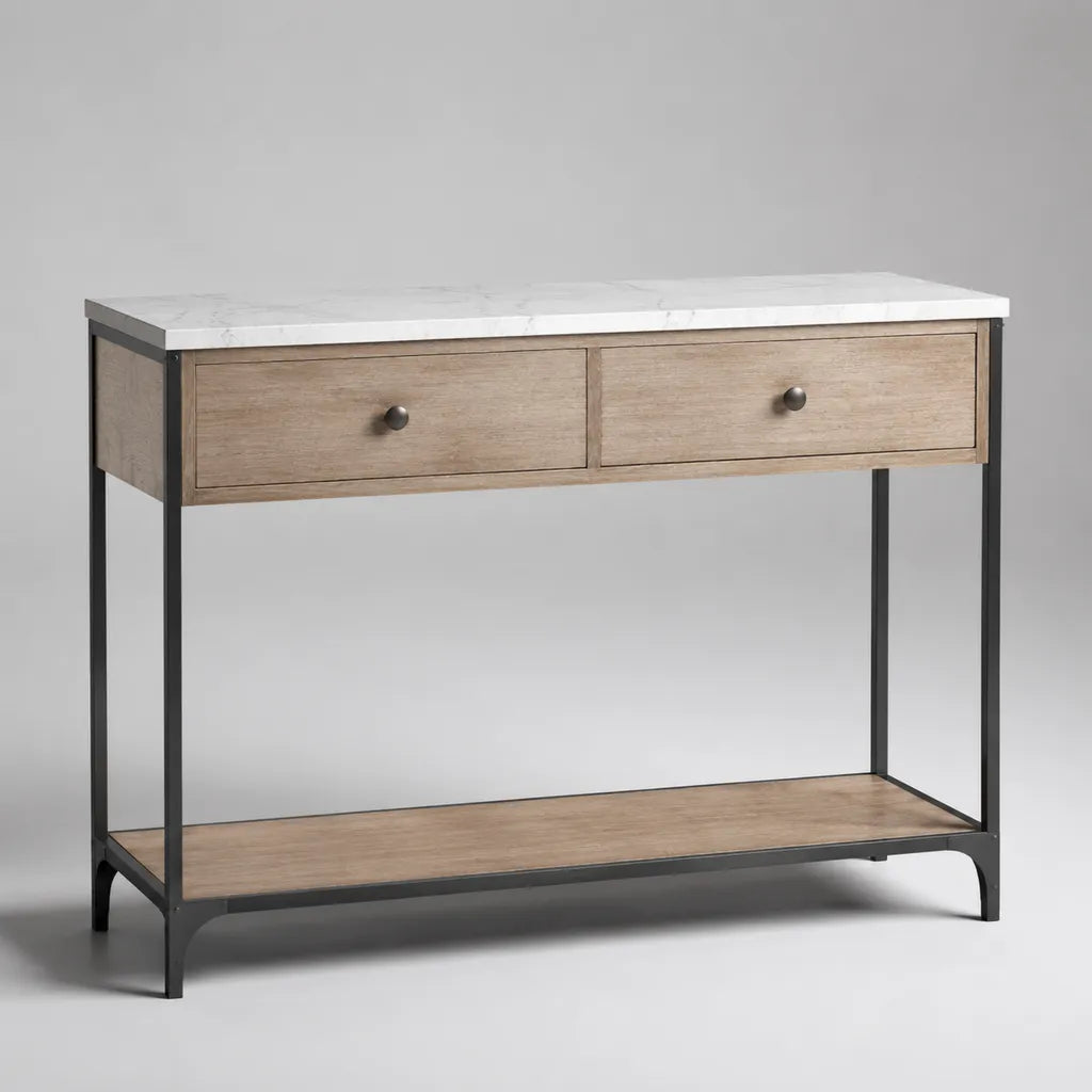 Table console rectangulaire en bois et métal avec 2 tiroirs et étagère, effet chêne taupe, marbre blanc et noir, 110 × 35 × 80 cm