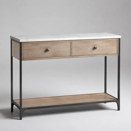Table console rectangulaire en bois et métal avec 2 tiroirs et étagère, effet chêne taupe, marbre blanc et noir, 110 × 35 × 80 cm