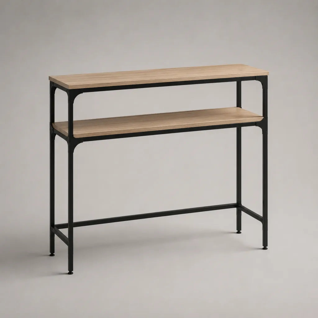 Table console rectangulaire en bois et métal avec étagère, chêne naturel et noir, 120 x 35 x 90 cm