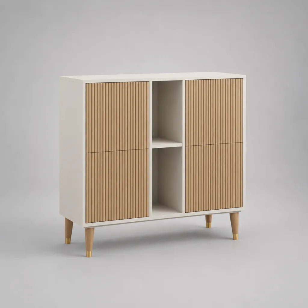 Buffet haut 4 portes et 2 niches en MDF blanc et bois, 100 × 40 × 110 cm