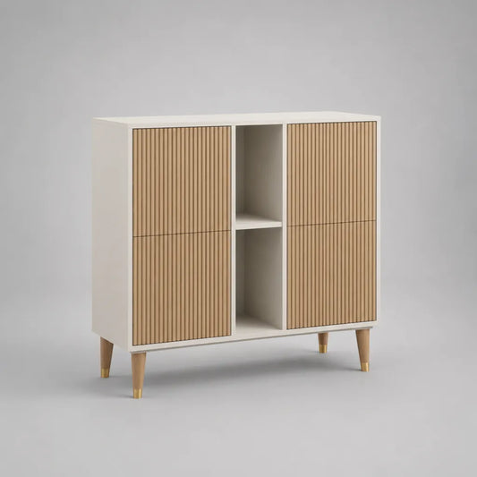 Buffet haut 4 portes et 2 niches en MDF blanc et bois, 100 × 40 × 110 cm