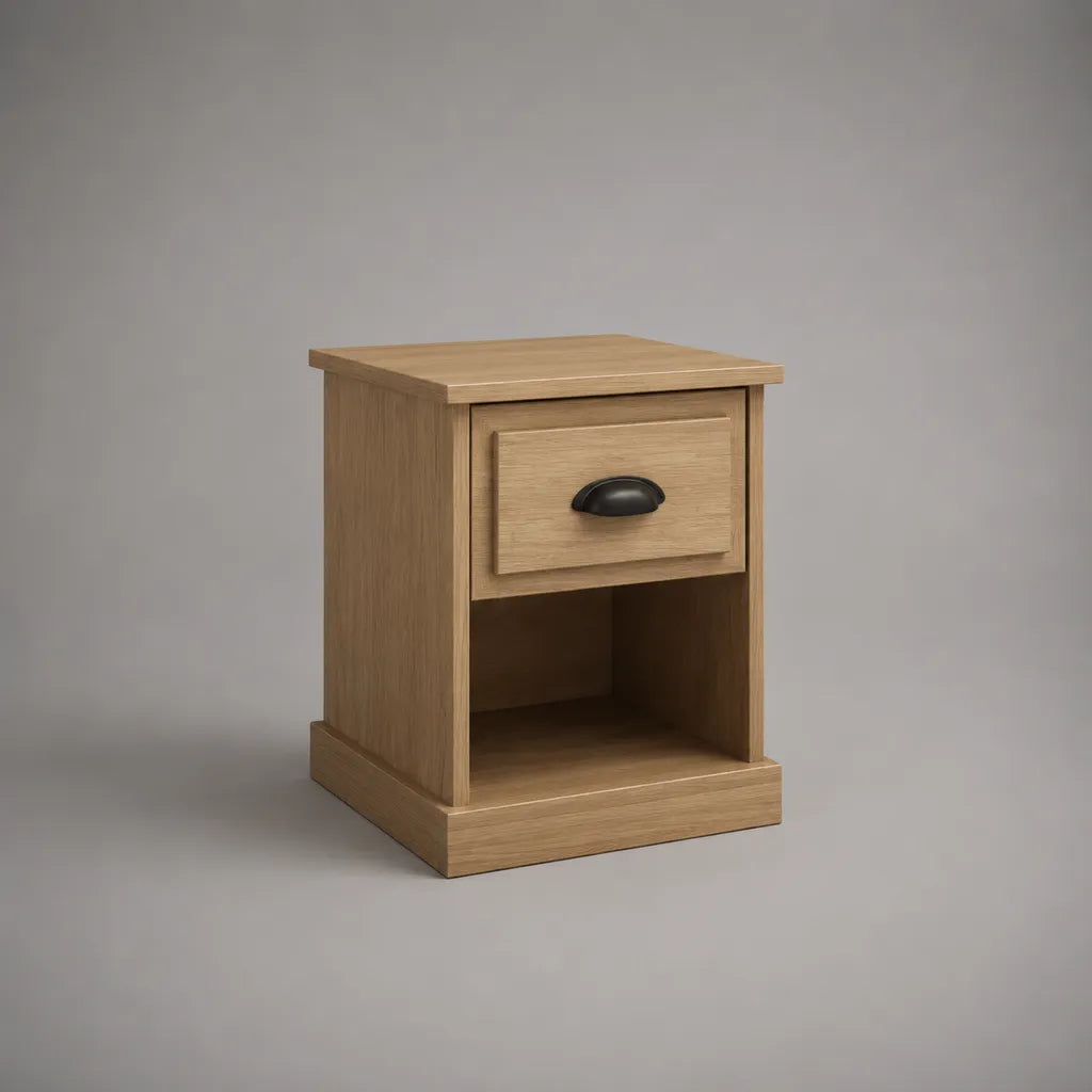 Table de chevet en panneaux de particules avec 1 tiroir et 1 niche, chêne naturel et noir, 40 × 35 × 55 cm